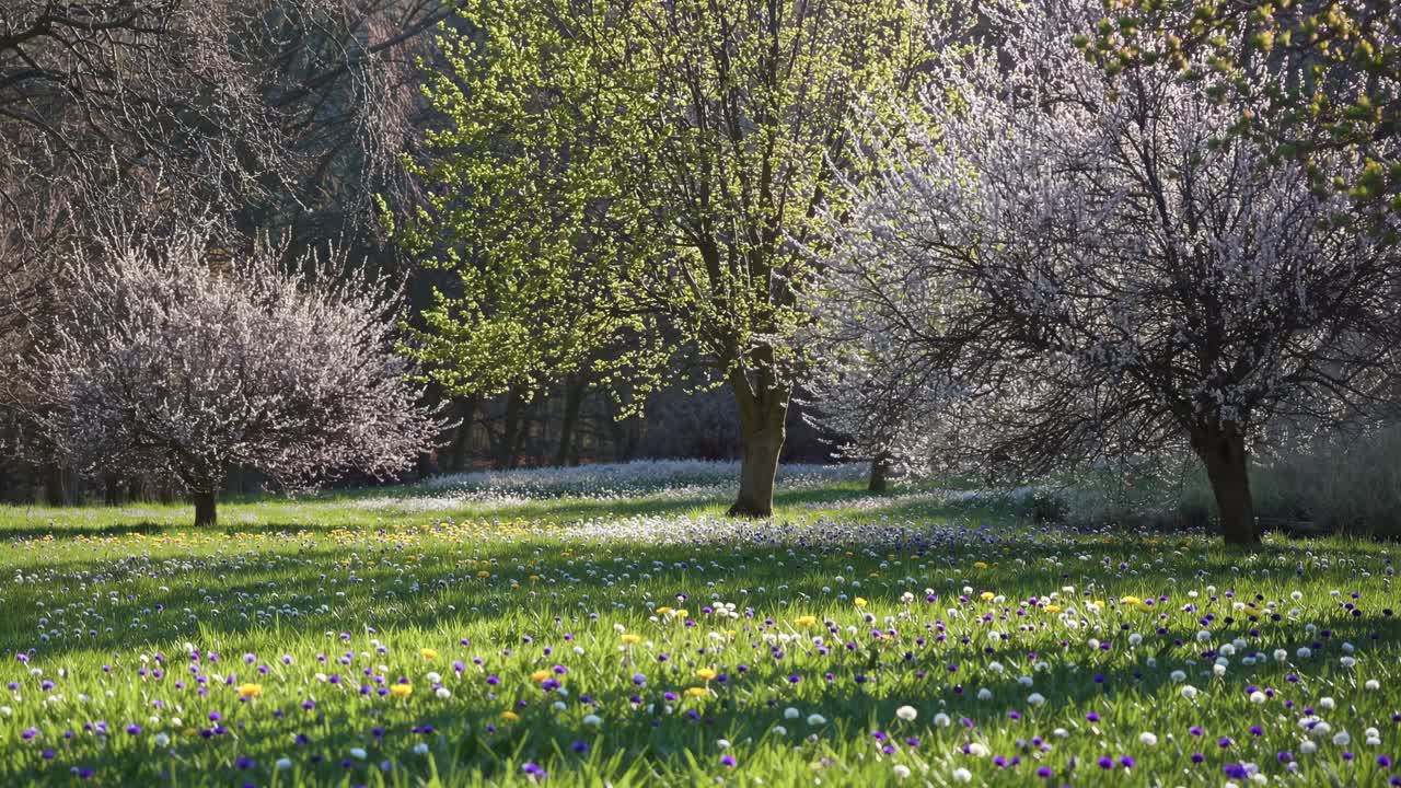 Sunlight filters through blossoming trees, casting shadows on a vibrant meadow filled with colorful wildflowers, creating a picturesque scene of springtime serenity