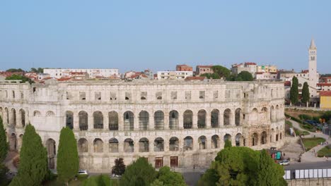 aerial: beautiful ancient roman pula arena amphitheatre, pula city, croatia