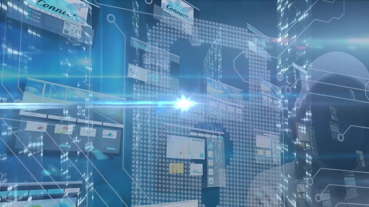 Animation of data processing on screens over cityscape