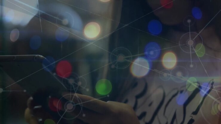 Animation of network of connections over hands of asian boy with smartphone