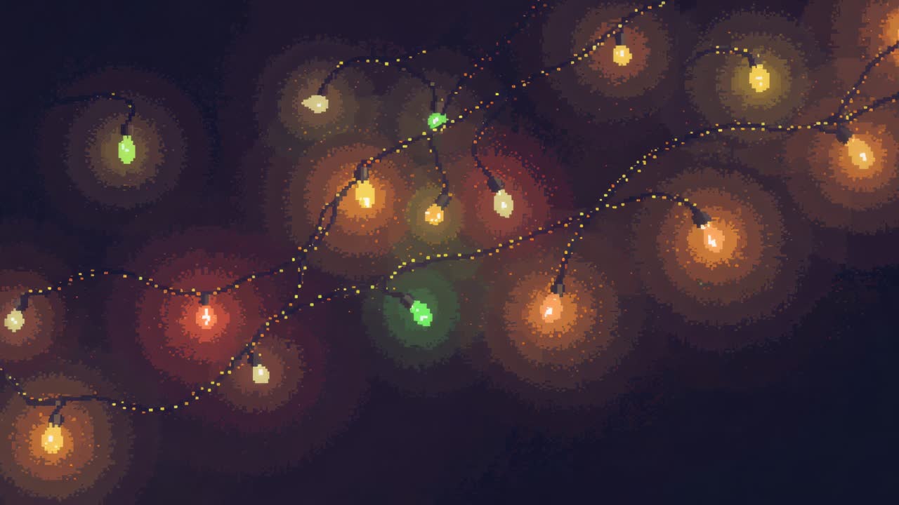 Pulsing decorative string lights shifting halos across dark wall, controller sending soft pulses