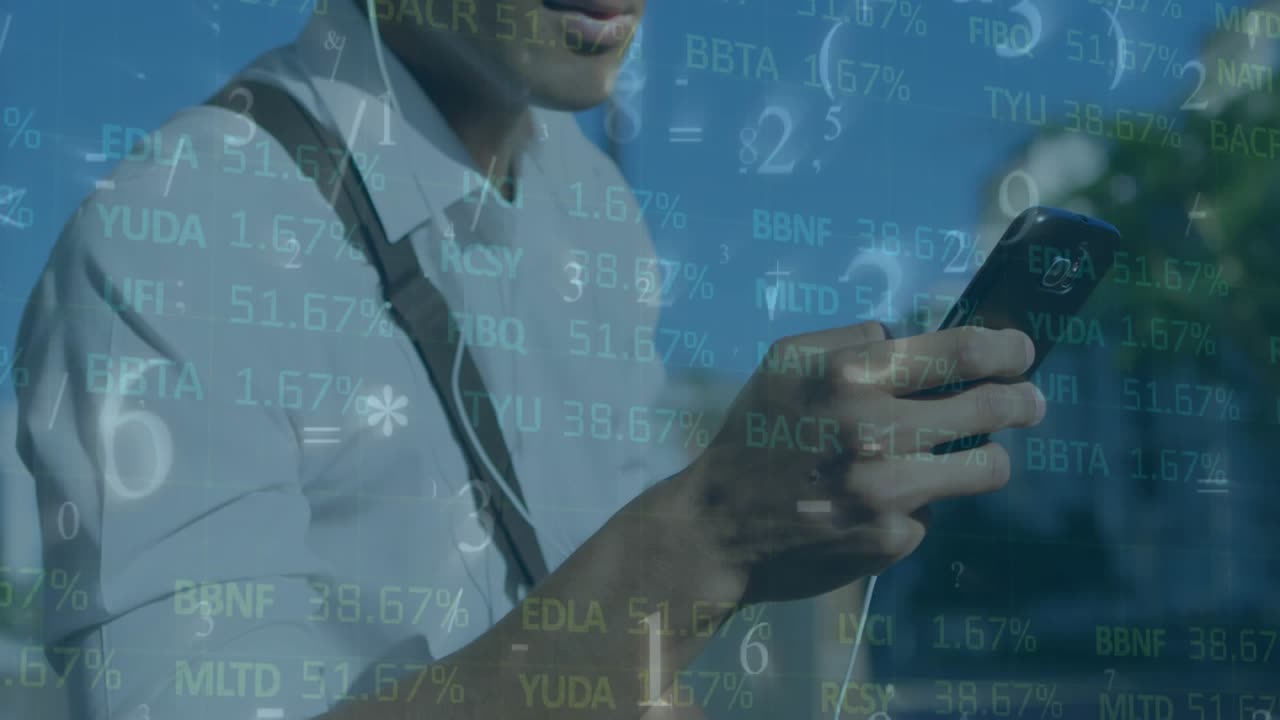 Animation of financial data processing over businessman using smartphone