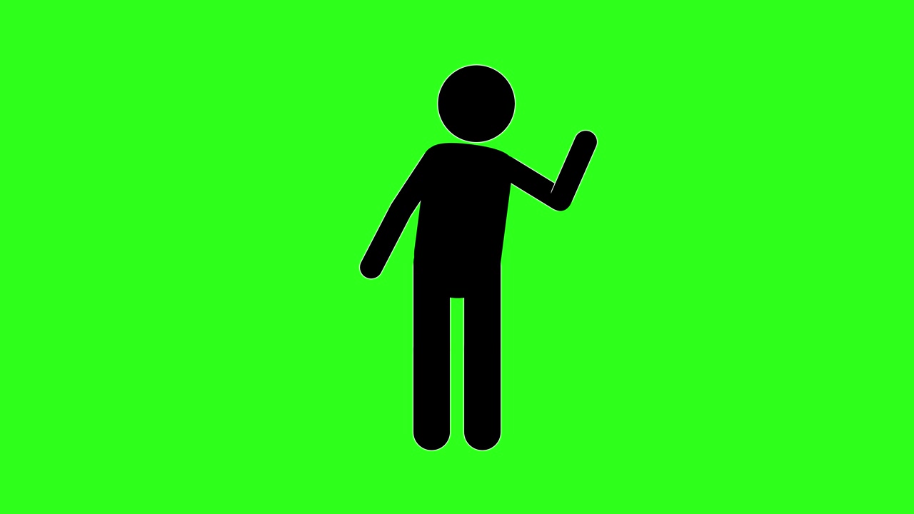 Un homme noir en forme de bâton agite la main devant un arrière-plan d’écran vert vif.