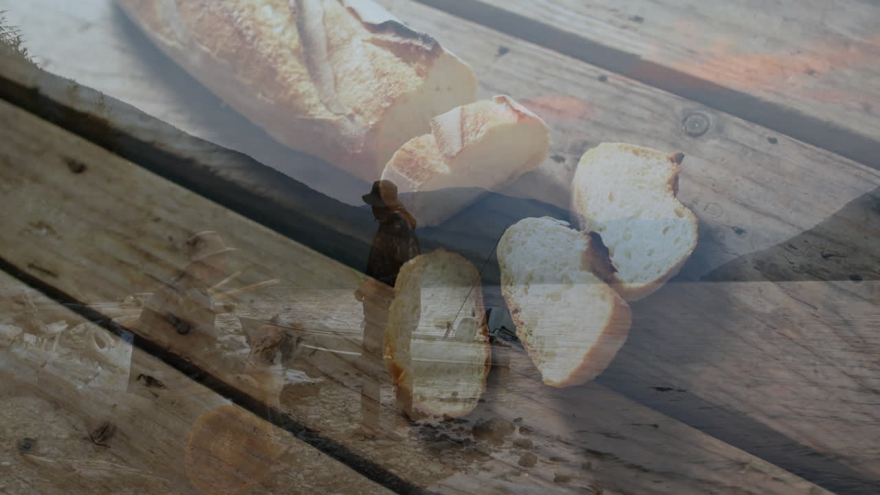 Walking on beach, animation overlay of bread slices on wooden surface