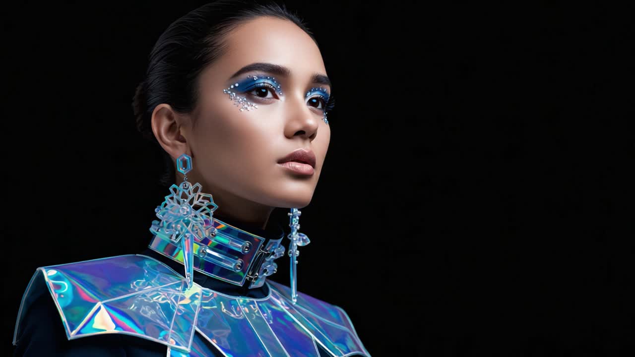 A Stunning Portrait of a Model Featuring Futuristic Fashion with Iridescent Makeup and Accessories Set Against a Dark Background Capturing Contemporary Beauty and Style