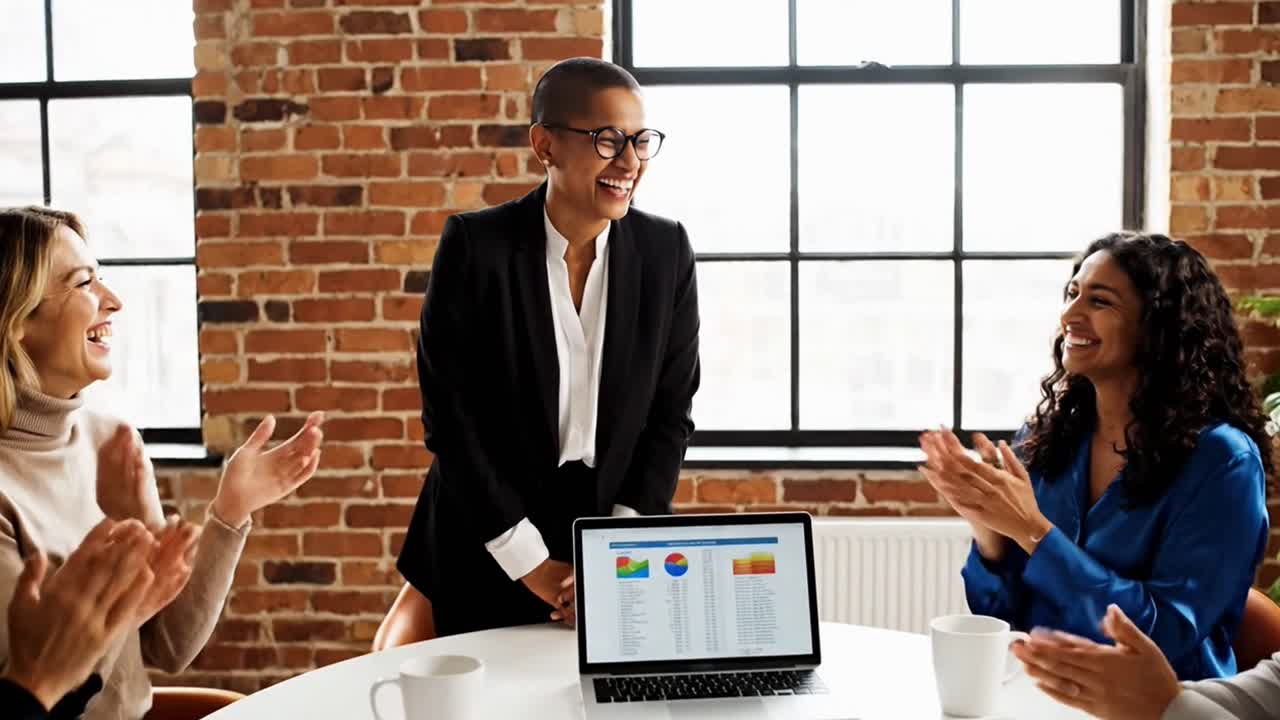 Businesswoman laughing in modern office celebrating success