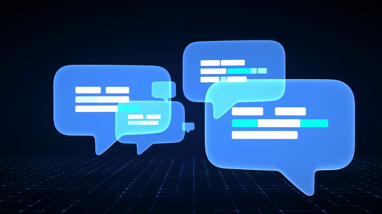 Blå chatbobler over glødende gitter, holografiske taleikoner pulserer og overlapper, hvilket repræsenterer AI-kundeservice.