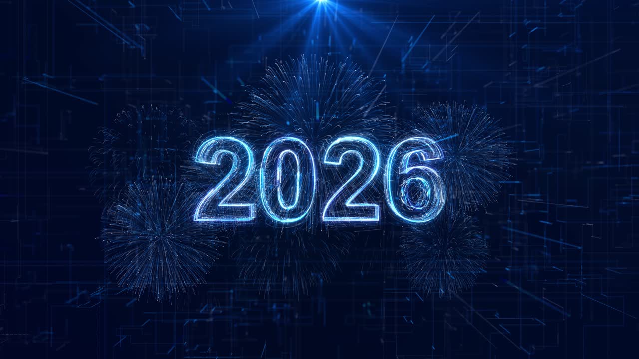 Tech digits 2026 new year design neon glow abstract cosmic vibrant technology backdrop glowing