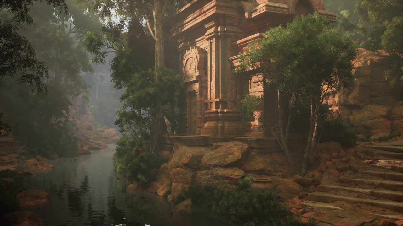Ældgammelt tempel i Thailands jungle omgivet af frodigt grønt