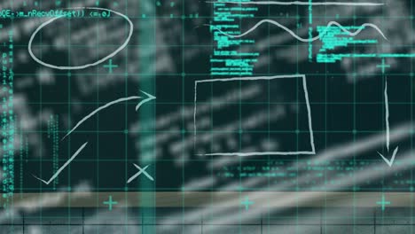 Digital animation of data processing over grid network against blue background
