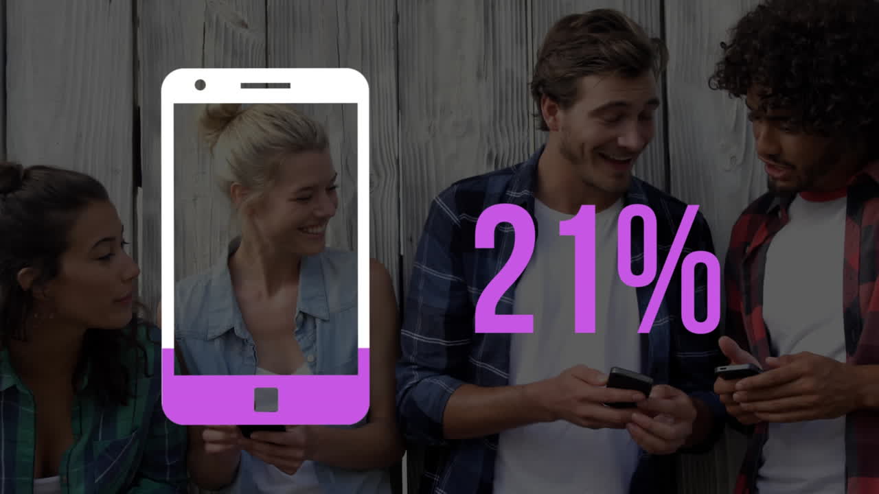 forma del teléfono inteligente y porcentaje de relleno en color con personas en el fondo