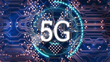 5g text over scope scanning against microprocessor connections on blue background