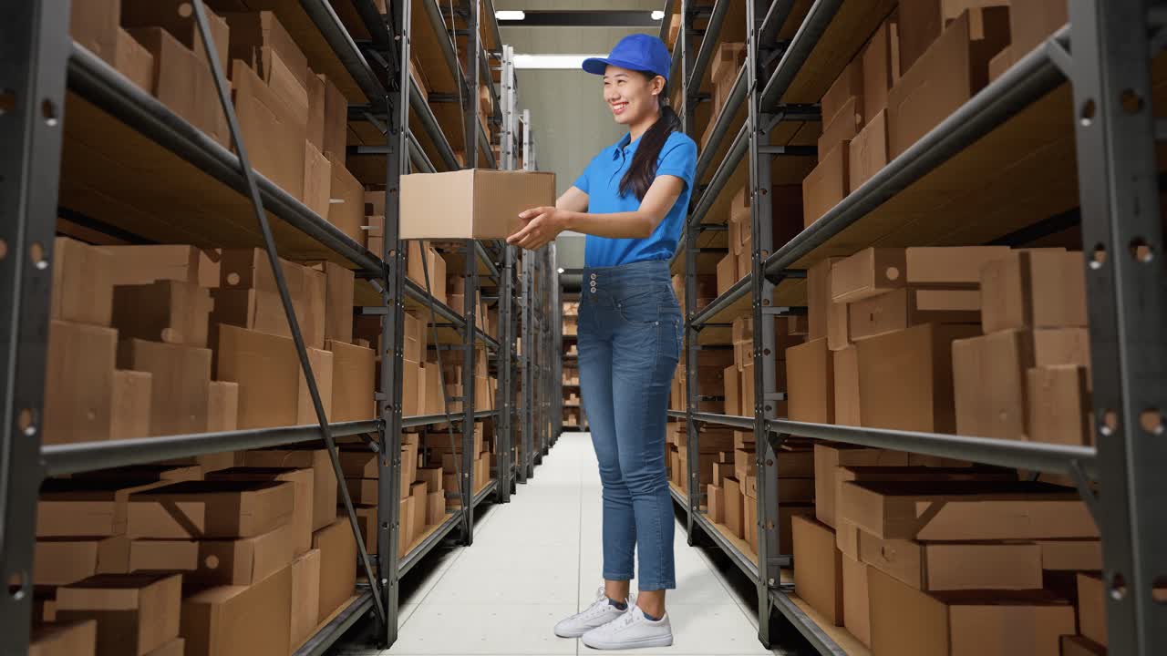 cuerpo lleno de mensajero femenino asiático en uniforme azul dando un cartón a alguien y sonriendo mientras lo entrega en el almacén