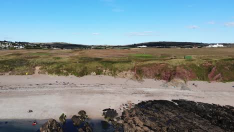 Aerial-View-Of-Empty-Beach-At-Thurlestone-With-Low-Tide