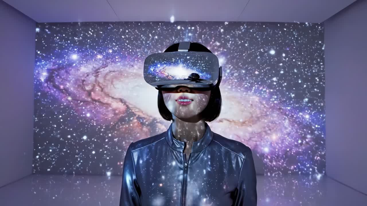 Woman Experiencing Virtual Reality with Galaxy Visuals