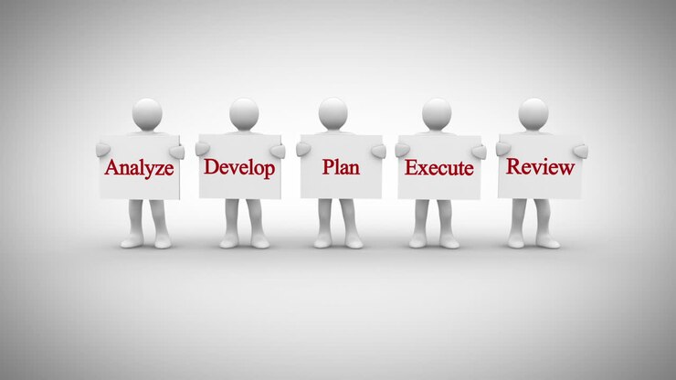 White characters showing signs saying business terms