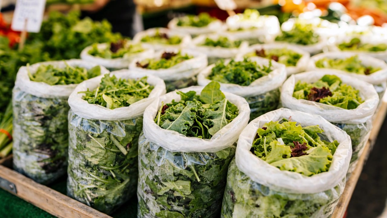 Pazarın üzerinde kaydırma yapan kamera, alışveriş yapanlar için şeffaf plastik salata yeşillikleri kaplarındaki dokuları ortaya çıkarıyor.