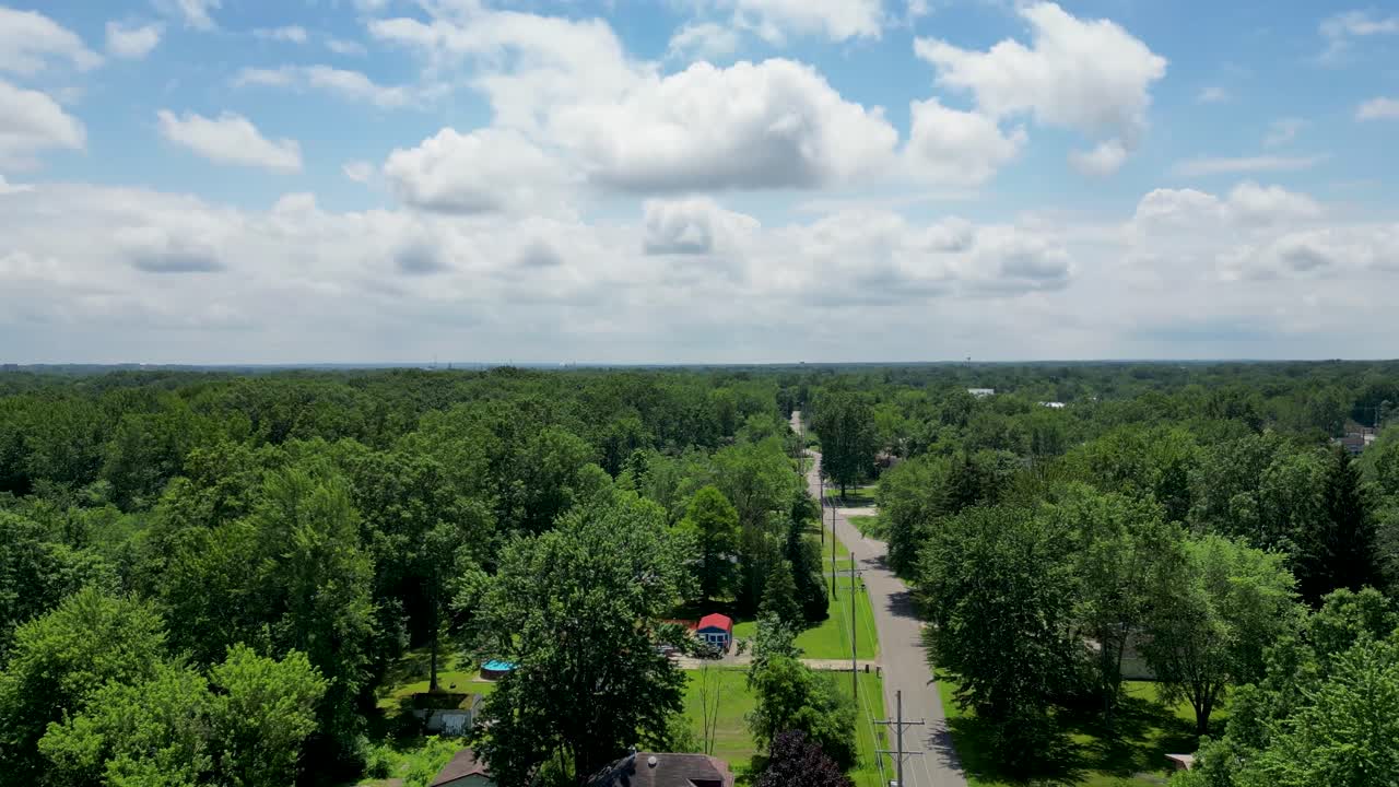 Aerial footage showcasing a tree-lined country road extending into the horizon
