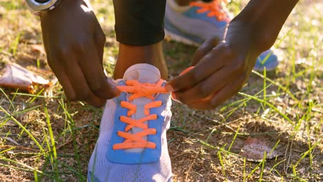 Female-athlete-tying-shoe-laces-in-forest-4k