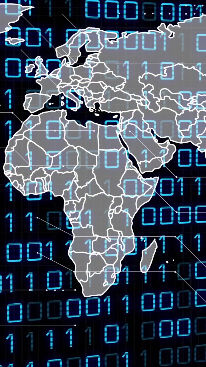 Overlaying binary code, world map illustrating global digital connectivity animation