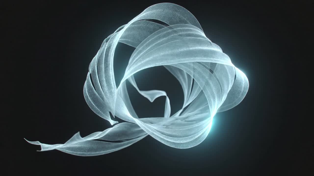 Rotating luminous ribbon unfurling, reforming in dark void, backlight pulsing revealing bright core