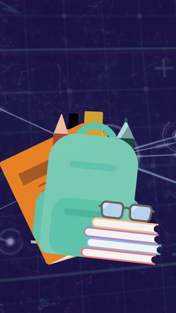 Animation of school concept icons over network of connections against blue background
