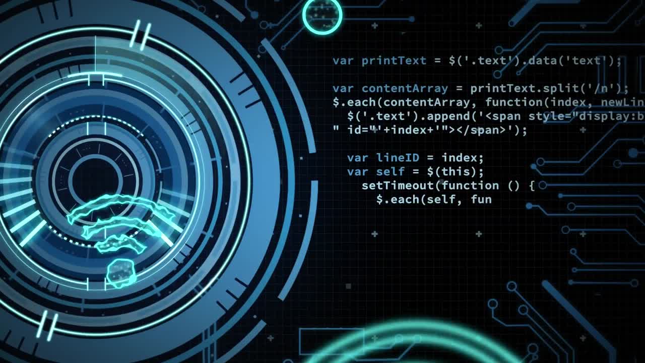 Animation of data processing with wifi icons and scope scanning on black background