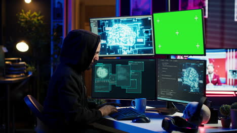 hacker che utilizza il pc a schermo verde e l'ai per trovare connessioni non aggiornate