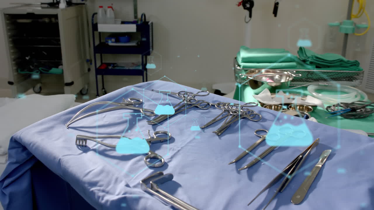анимация медицинских икон и обработка данных над столом с операционными инструментами в больнице