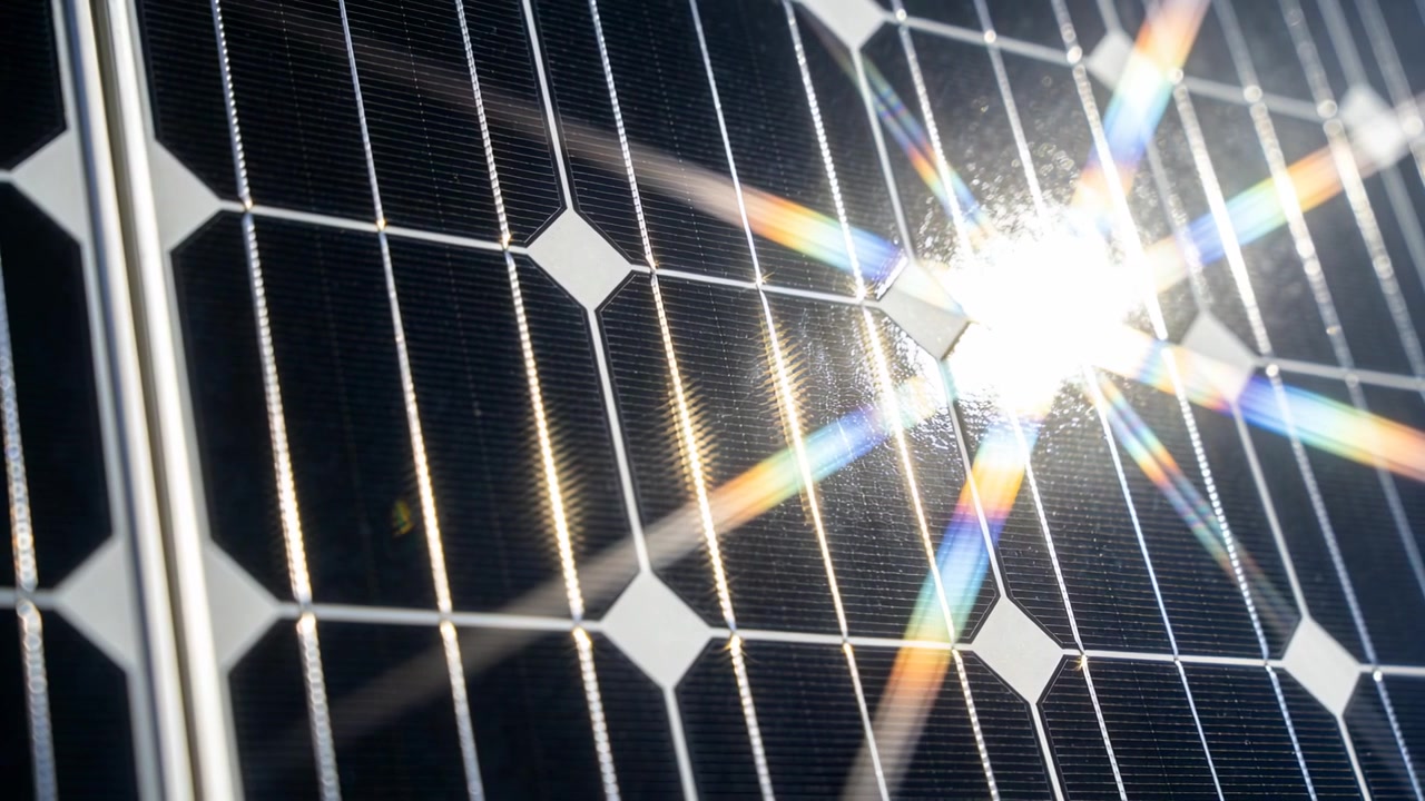 Telecamera che si inclina causando lo spostamento del riflesso del sole su un modulo solare sotto un sole intenso, con un effetto a stella.