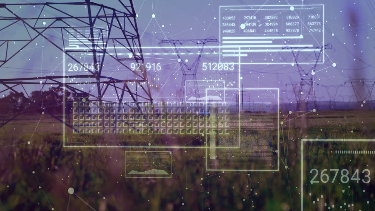 High-voltage transmission towers being visualized in open field, with 3D HUD charts and nodes