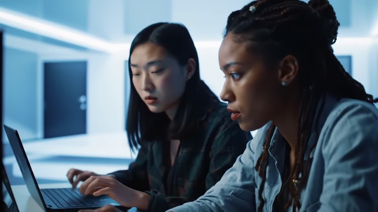 Focused Collaboration: Two Women Engaged in Intense Digital Work Amidst Modern Technology and Sophisticated Surroundings