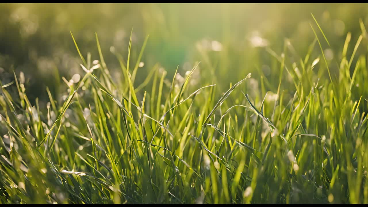 A field of grass with dew on the grass