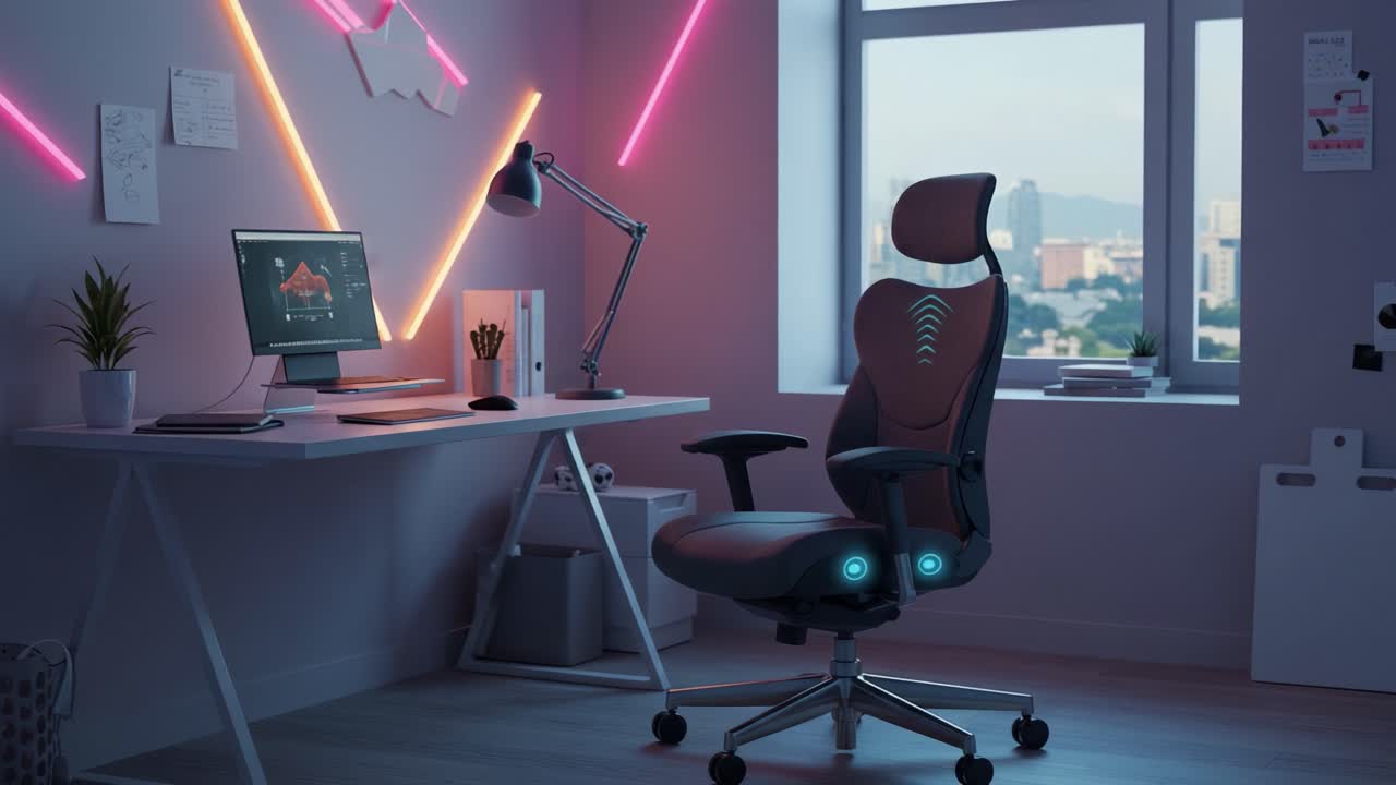 Stylish Gaming Workspace Featuring a Modern Ergonomic Chair, Sleek Desk Setup, and Vibrant Neon Lighting Creating a Contemporary Aesthetic