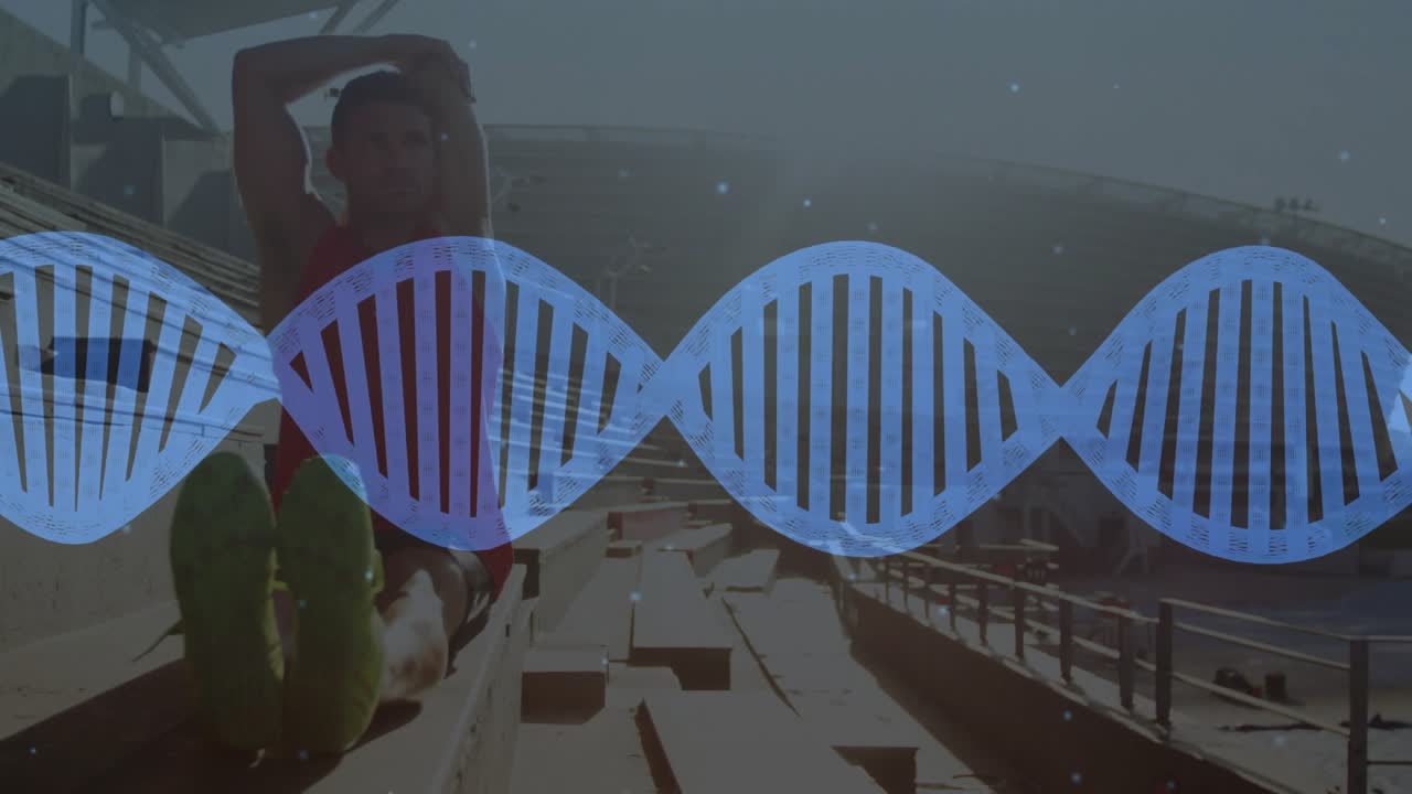 Man sitting steps starting hands-behind stretch rotating torso while DNA overlaying fitness warming