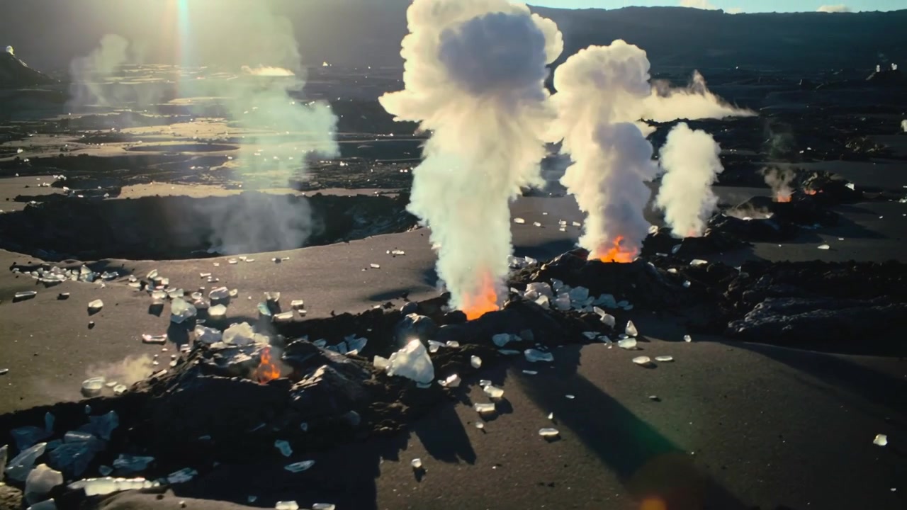 Tre bocchette arancioni incandescenti emettono pennacchi di vapore mentre il magma in aumento riscalda la sabbia nera, con il ghiaccio che luccica.