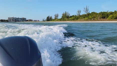 Zwei-Delfine-Springen-Durch-Die-Kielwasserwellen-Des-Bootes,-Während-Das-Paar-Am-Strand-In-Den-Mangroven-Von-Florida-Entlang-Schwimmt