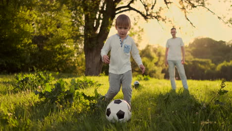 father and child play football standing on the field at sunset. the boy strikes the goal. the father of the goalkeeper is on the gate the child strikes the ball.