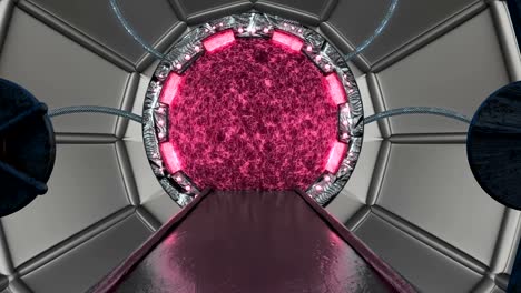 iron rusty hatch opens panoramic view to the spaceship landscape scene. 3d abstract background of sci-fi corridor with portal. futuristic technology abstract vj for tech titles and background.