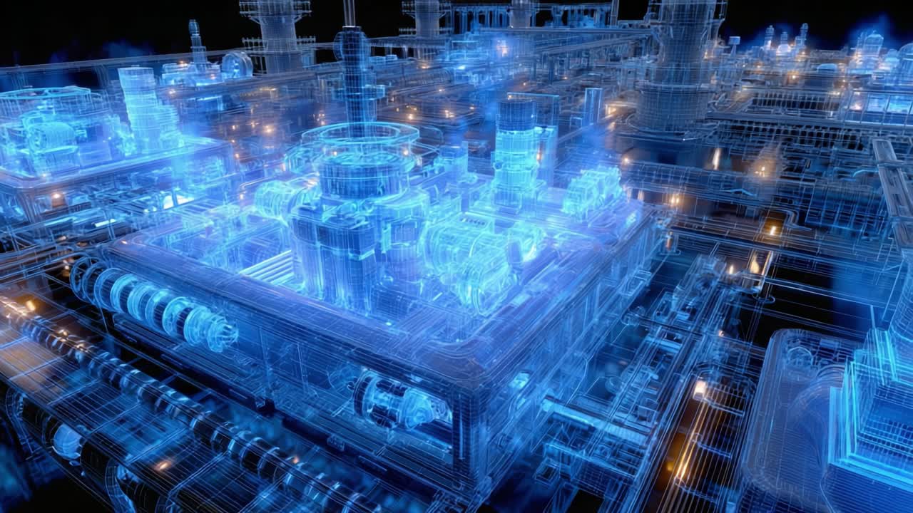 Exploring a Futuristic Digital Blueprint of Industrial Machinery in a Neon Glow, Showcasing Complex Networks and Intricate Structures in a High-Tech Environment