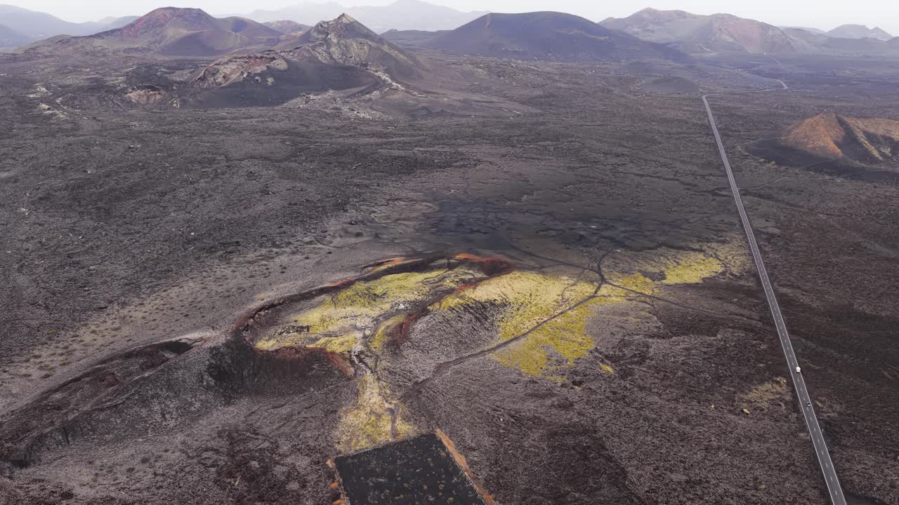 Famous Volcan Santa Catalina In Los Volcanes Nature Park On Lanzarote, Canary Islands, Spain. Aerial Shot