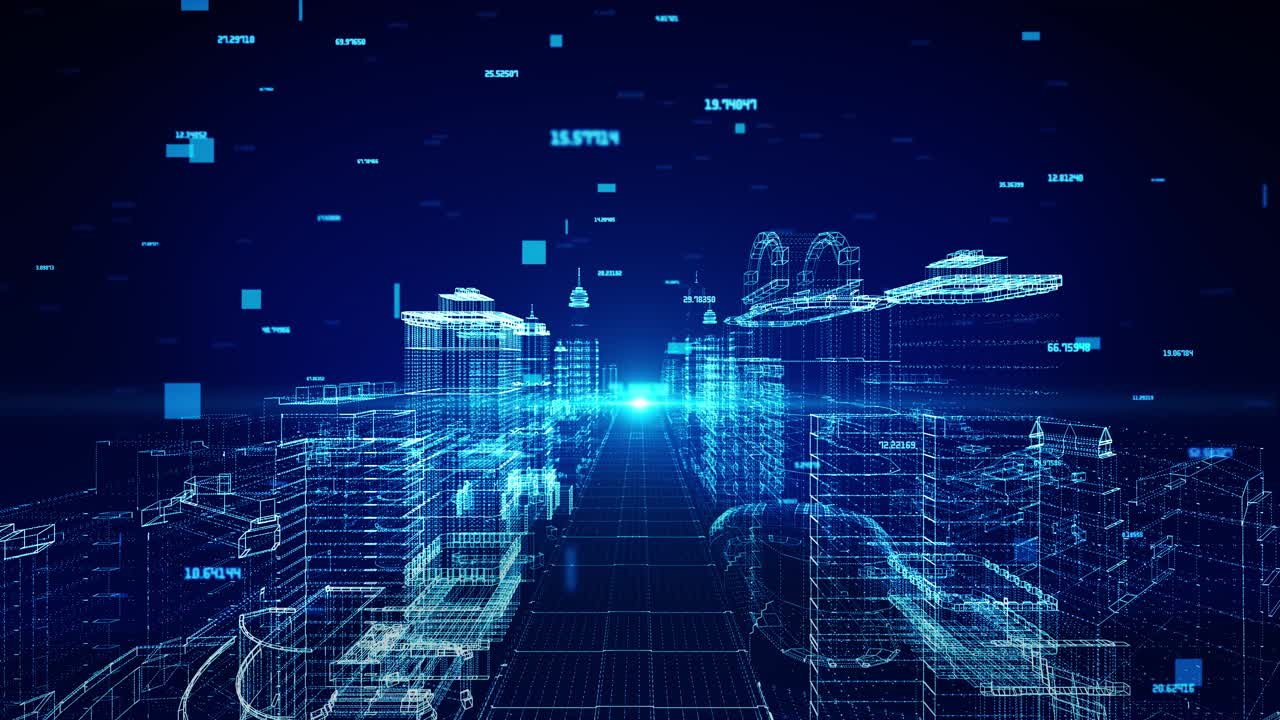 3d 4k high tech digital smart city futuristic up aerial city flight loop animation business and