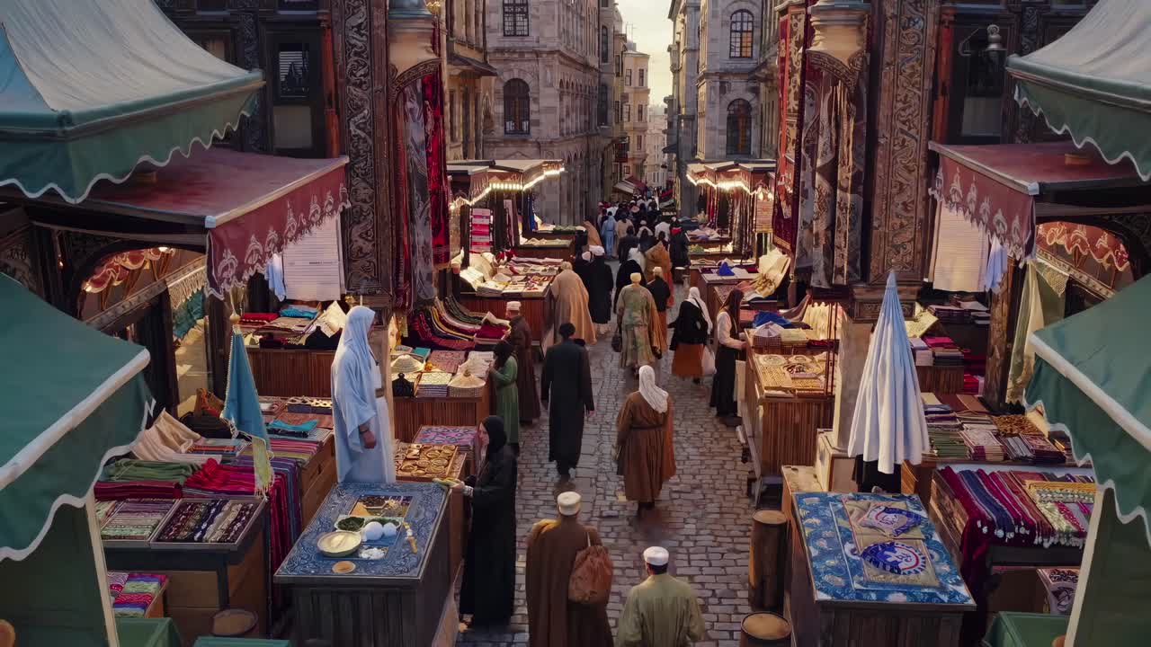 Aerial view of a bustling, historic market street with vibrant textiles and crowds, reminiscent