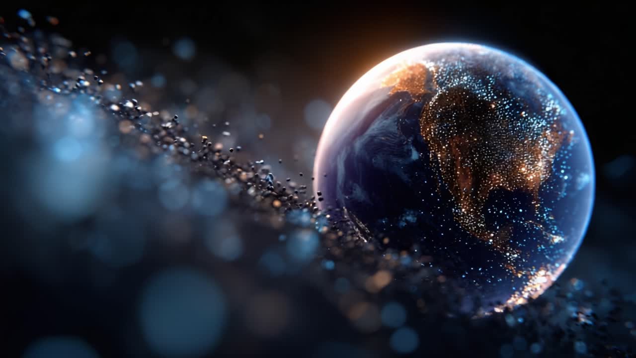 A Stunning View of Earth from Space, Illuminated by City Lights and Surrounded by Cosmic Particles, Showcasing the Beauty of Our Planet in the Universe