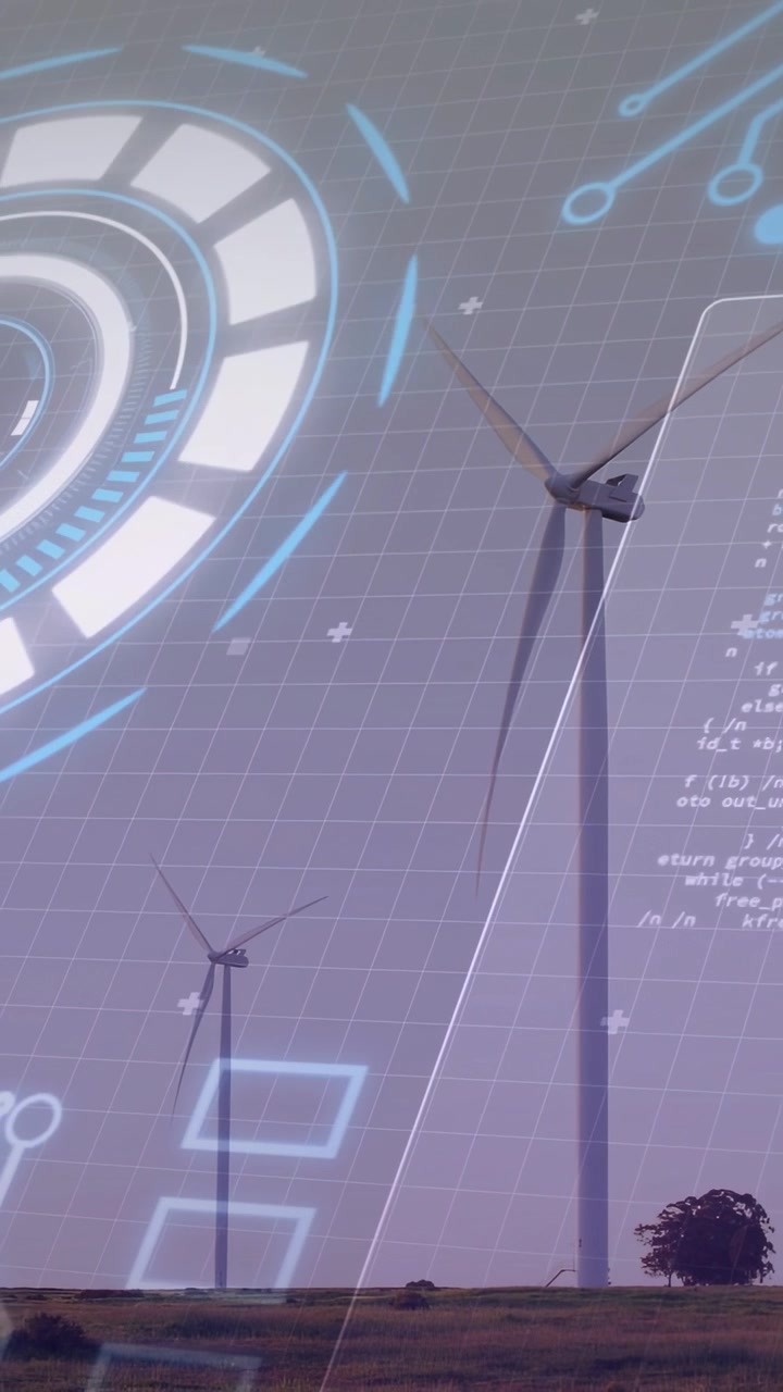 Video verticale: Alta turbina eolica che ruota in senso orario spinta da vento leggero, HUD che pulsa per il monitoraggio.
