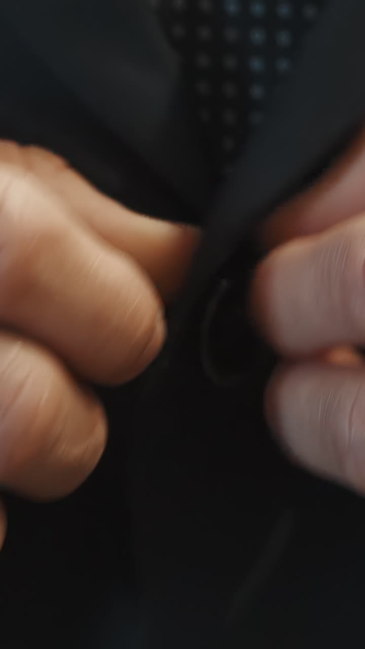 Businessman buttons elegant black jacket extreme closeup slow motion. Formal clothes for office and festive events. Men fashion and trends ideas