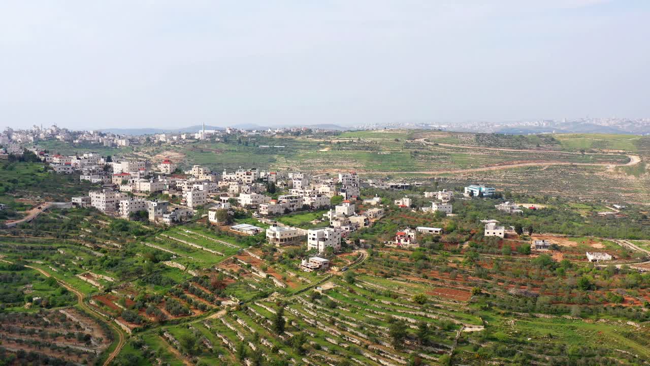 Aerial View of a Middle Eastern Village with Terraced Olive Groves