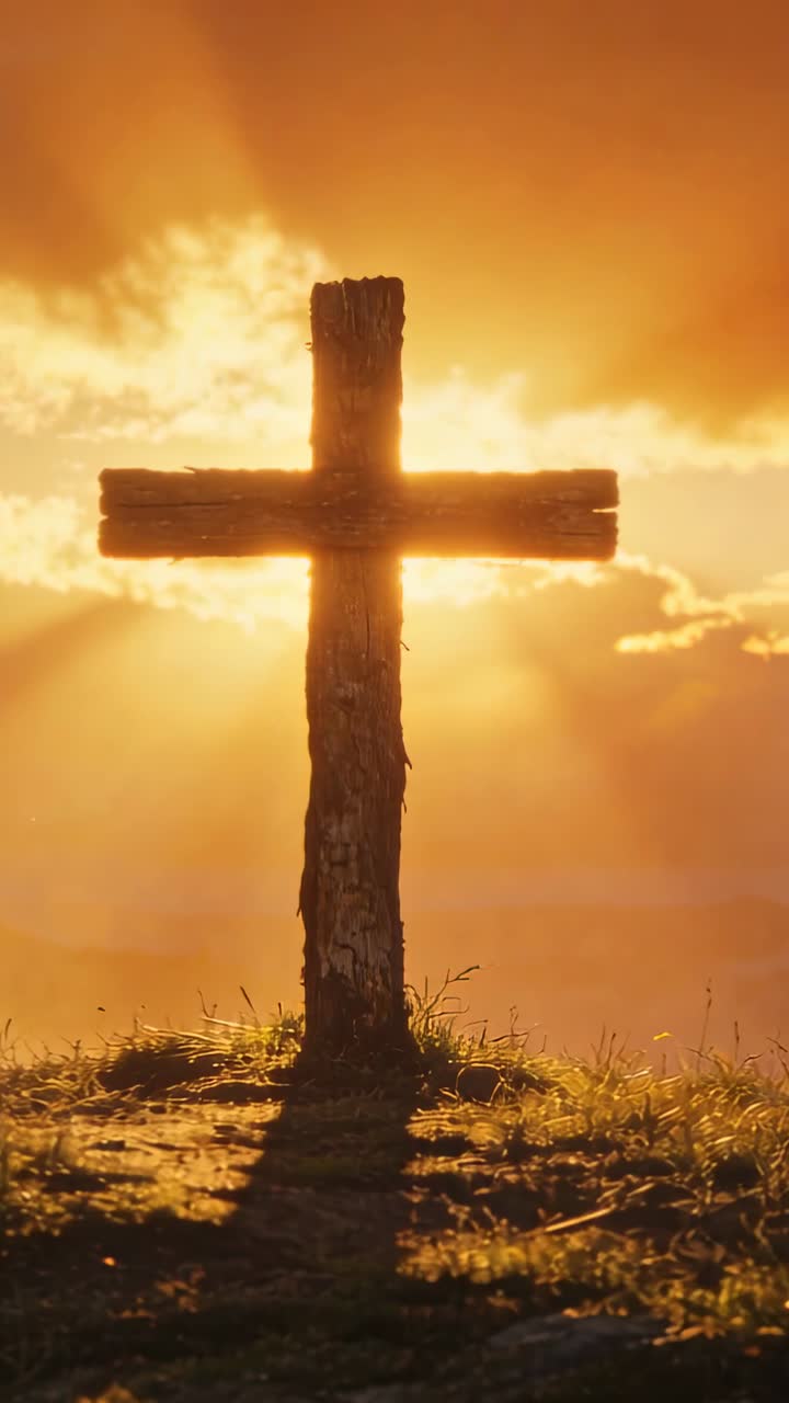 Cruz de madera desgastada de pie proyectando una larga sombra en una loma cubierta de hierba, con rayos de sol creando un destello de lente.