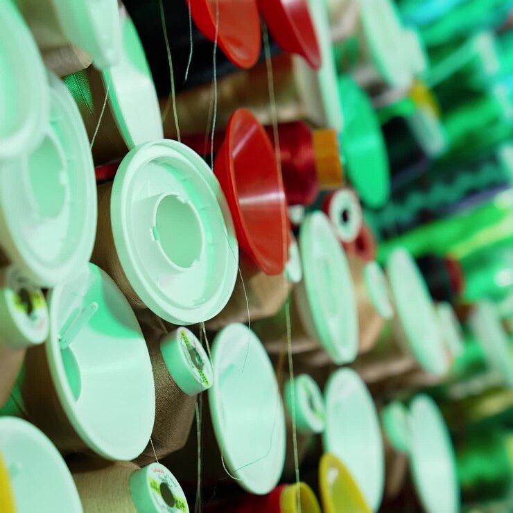 Rolls of threads hanging on a wall. Colorful sewing tools on a wall
