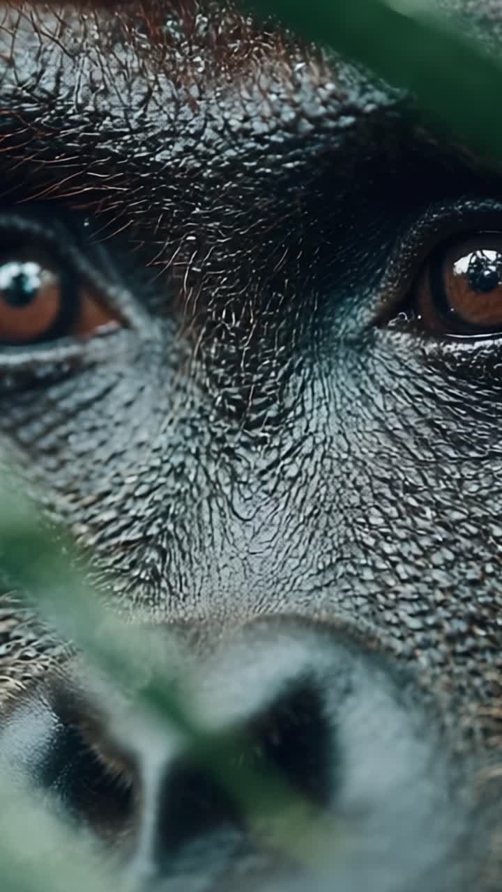Sguardo intimo in primo piano di un maestoso gorilla catturato attraverso una vegetazione lussureggiante, che rivela le profondità di emozione e carattere nel suo habitat naturale.